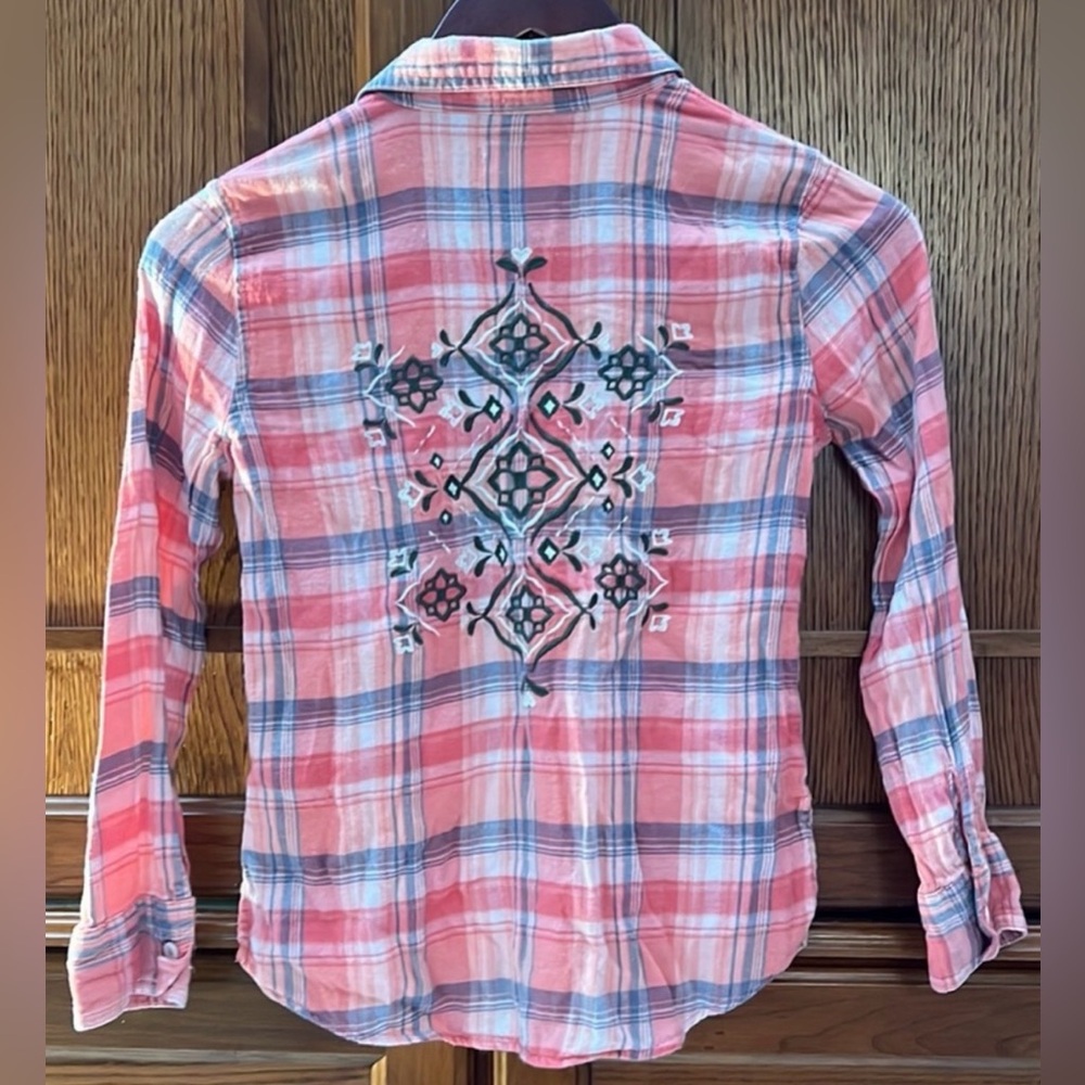 Justice Long Sleeve Button Down Plaid Flannel Shirt Embroidered Back Hearts